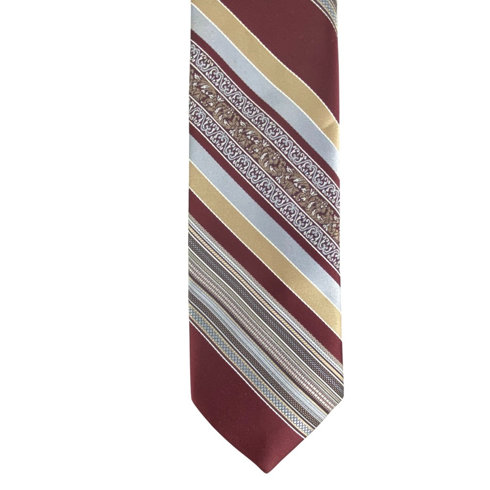 VTG Beau Brummell Mens Tie Striped Burgundy Gold Retro Formal Business 56.5x3